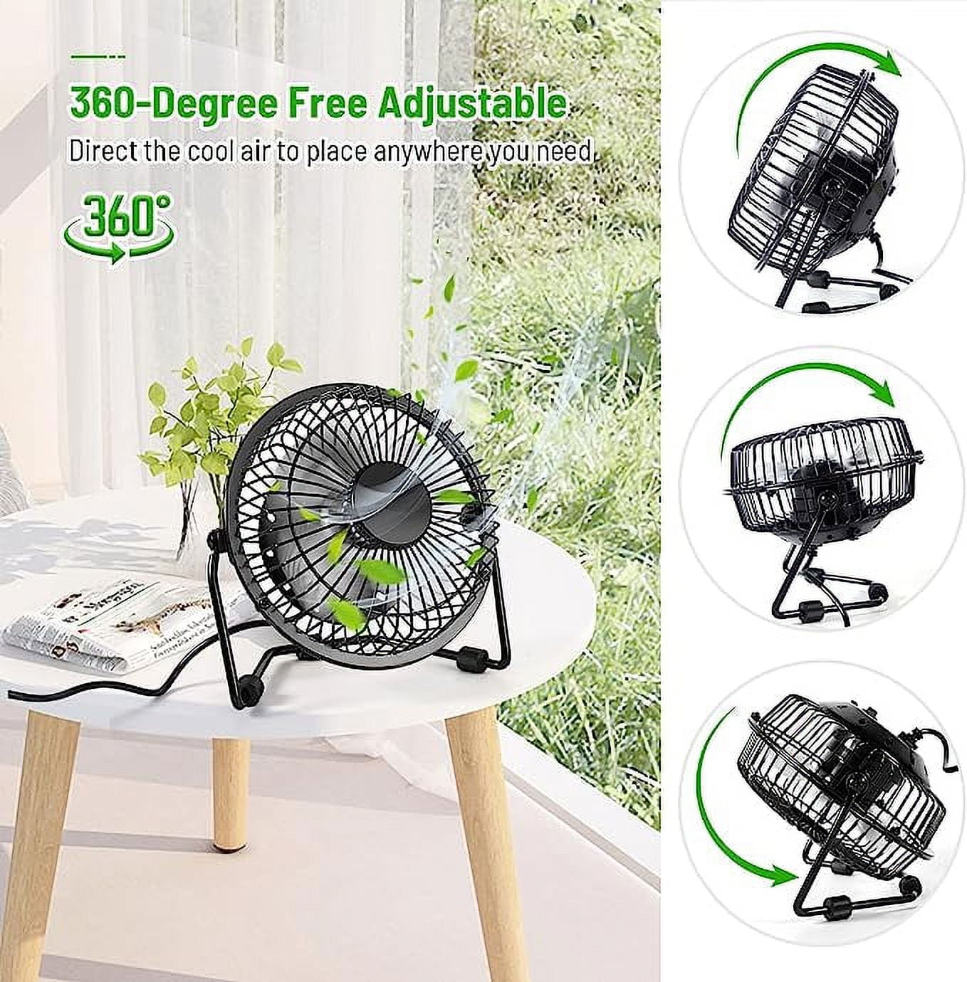 Tutuviw 4 Inch USB Desk Fan,Small and Quiet,Powerful USB Powered Portable Fan,Strong Airflow,Mini Metal USB Fan,360°Rotation,Personal Cooling Fan with 2 Speed for Home Office Black