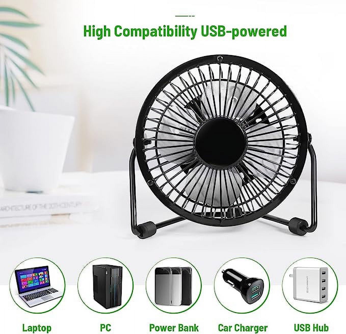 Tutuviw 4 Inch USB Desk Fan,Small and Quiet,Powerful USB Powered Portable Fan,Strong Airflow,Mini Metal USB Fan,360°Rotation,Personal Cooling Fan with 2 Speed for Home Office Black