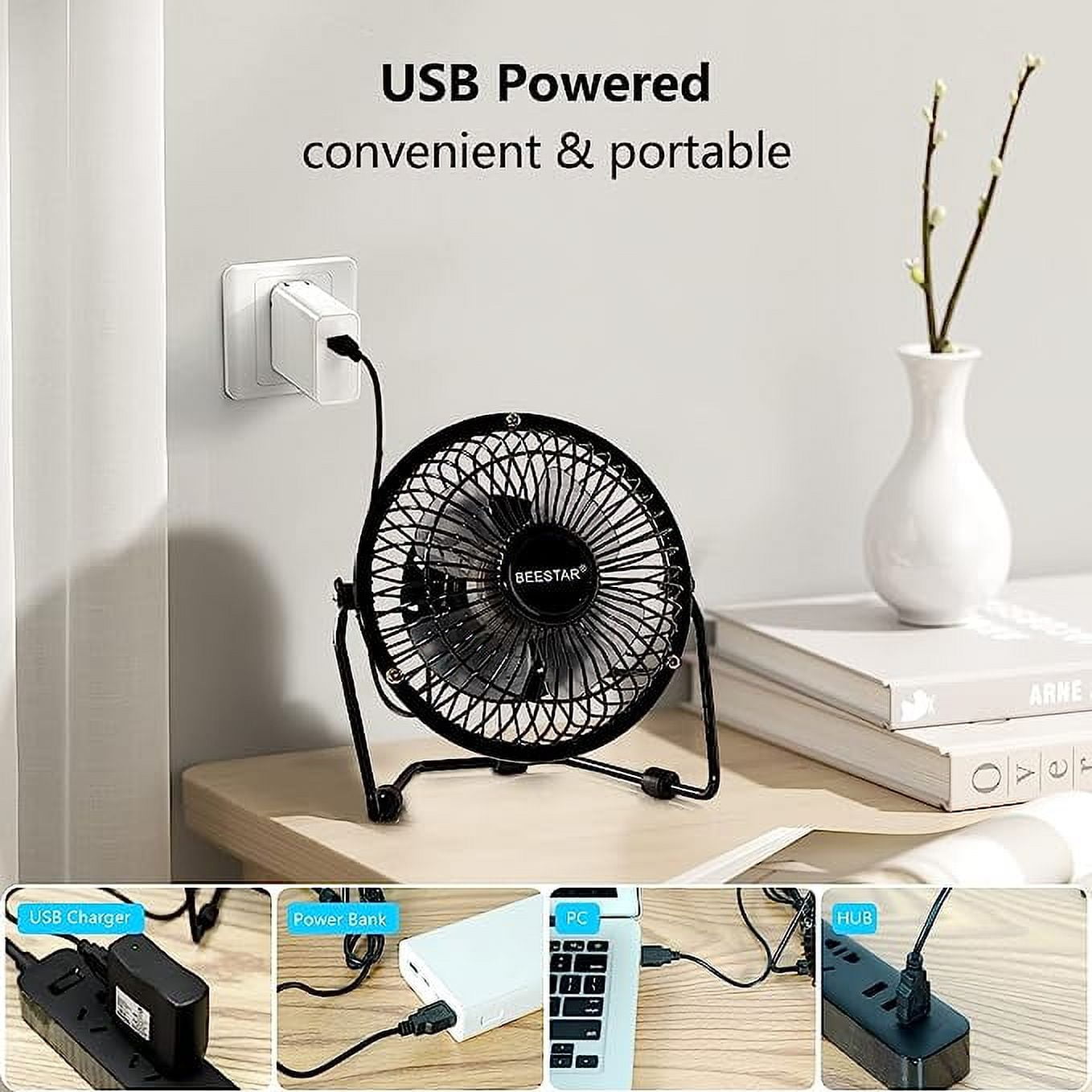 Tutuviw 4 Inch USB Desk Fan,Small and Quiet,Powerful USB Powered Portable Fan,Strong Airflow,Mini Metal USB Fan,360°Rotation,Personal Cooling Fan with 2 Speed for Home Office,Black Green