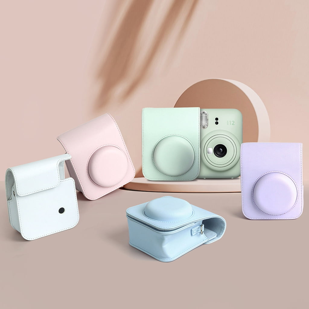 For Instax Mini 12 Camera Case PU Leather Soft Silicone Cover Bag for Fujifilm Polaroid Film Camera Bag w/Shoulder Strap Hydrangea blue