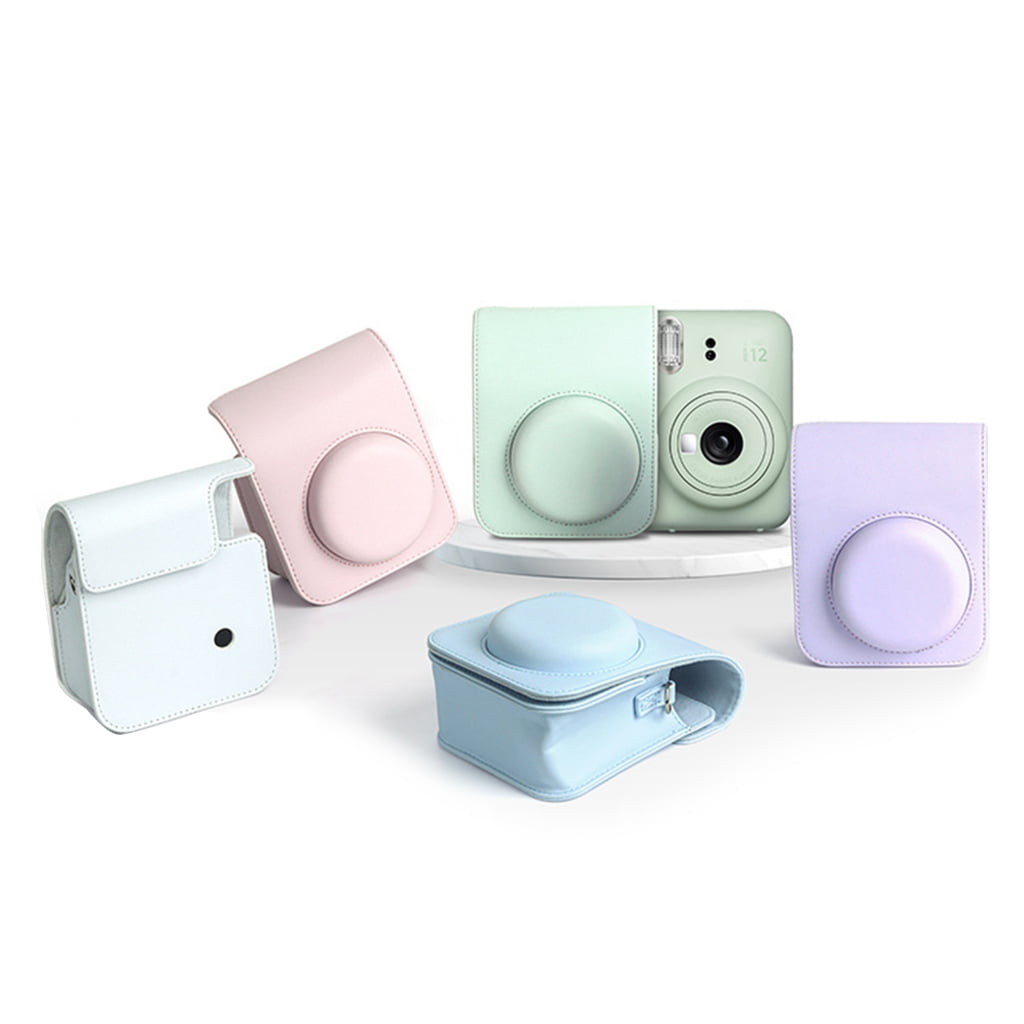 For Instax Mini 12 Camera Case PU Leather Soft Silicone Cover Bag for Fujifilm Polaroid Film Camera Bag w/Shoulder Strap Jasmine white