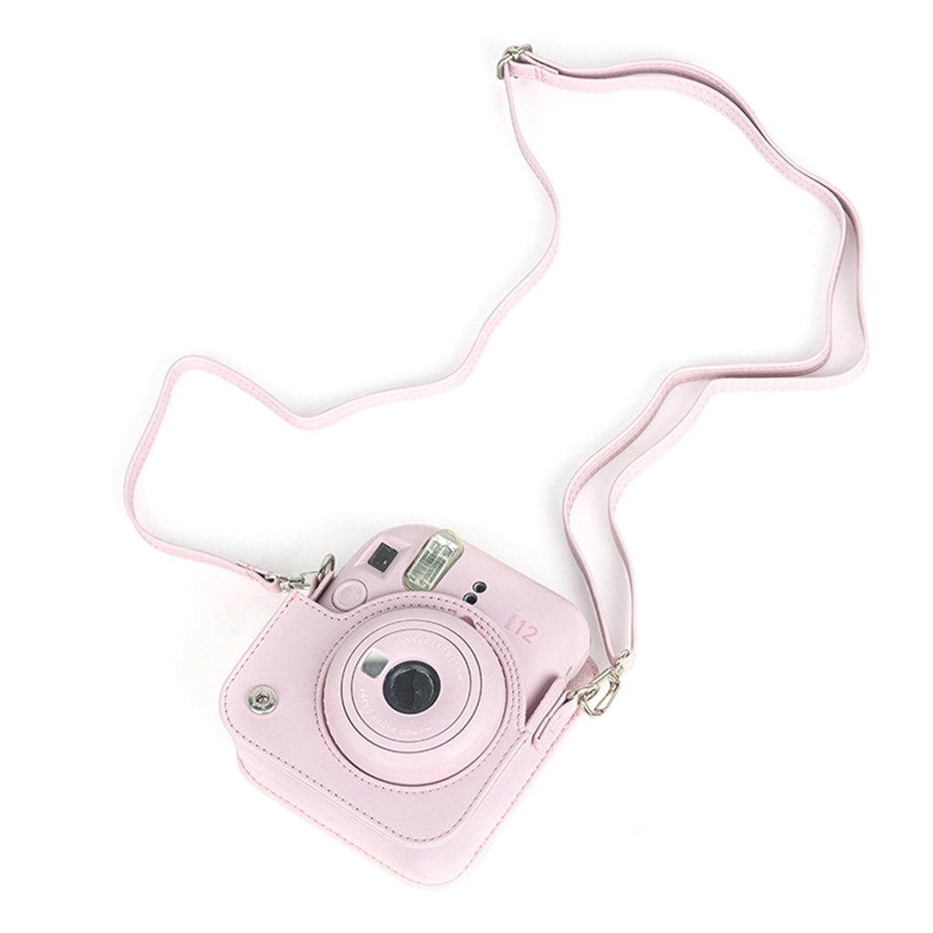 For Instax Mini 12 Camera Case PU Leather Soft Silicone Cover Bag for Fujifilm Polaroid Film Camera Bag w/Shoulder Strap Jasmine white