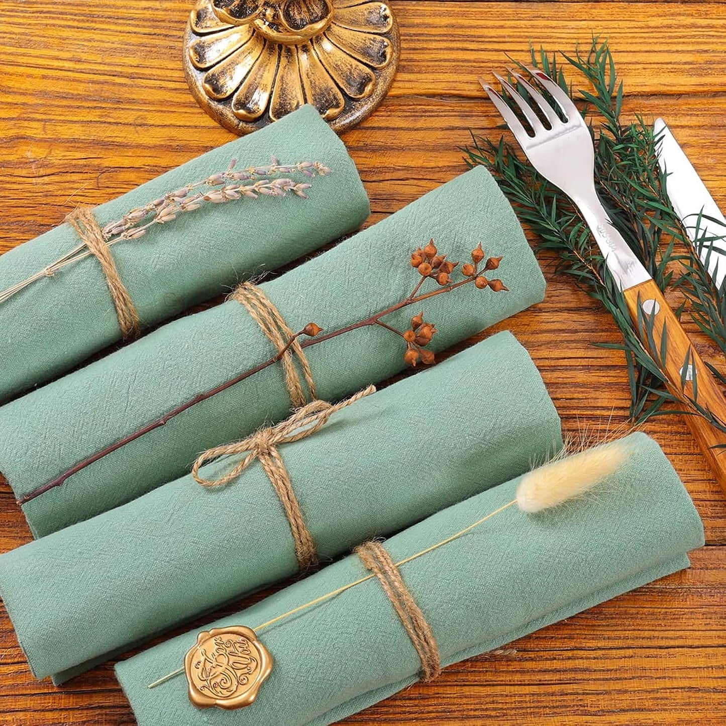 Holzlrgus Cotton Linen Napkins Bulk 17"x17" Stonewashed Cloth Dinner Napkins Rustic Thick Table Napkins for Fall Thanksgiving Christmas Party Wedding Decoration (Set of 4, Sage) Terracotta