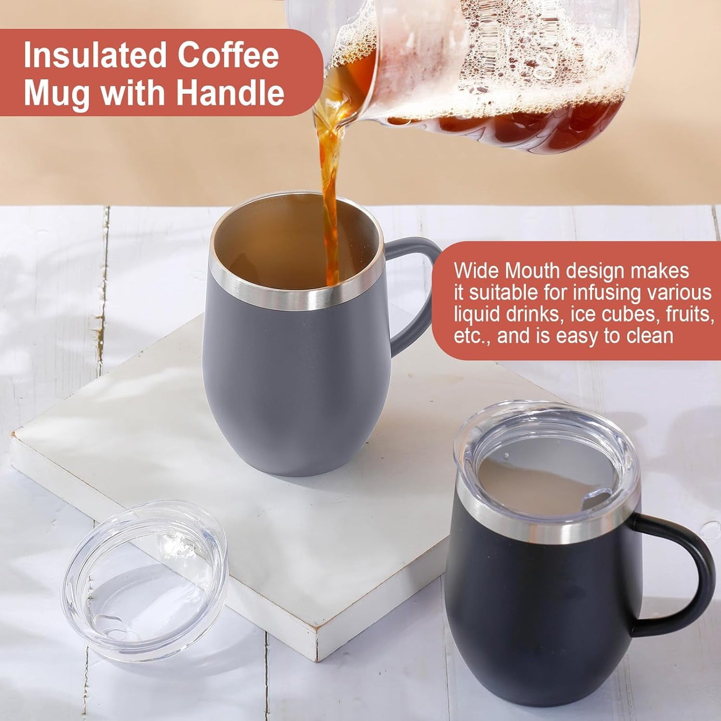 12oz Insulated Coffee Mug with Handle Stainless Steel Insulated Coffee Mug Double Wall Vacuum Travel Mug Tumbler Cup with Sliding Lid Travel Coffee Cup Thermal Cup Black