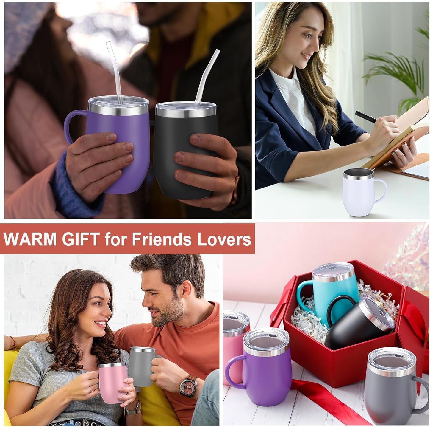 12oz Insulated Coffee Mug with Handle Stainless Steel Insulated Coffee Mug Double Wall Vacuum Travel Mug Tumbler Cup with Sliding Lid Travel Coffee Cup Thermal Cup Black