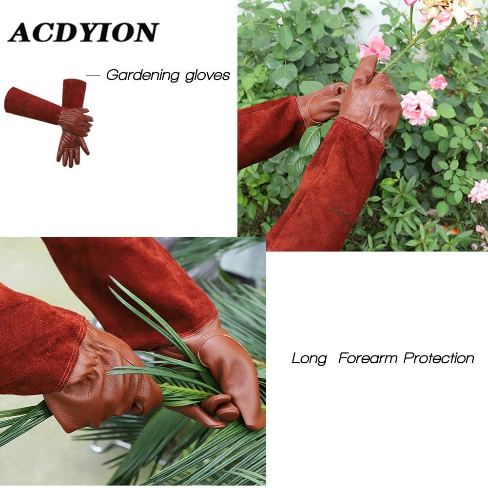 SUCCLACE Long-Gardening-Gloves for Women/Men - Thorn Proof Cowhide Leather Rose/Blackberry Pruning Heavy Duty Gloves Thick Palm Gauntlet Garden Work Gloves with Forearm Protection (Brown-Small) L Brown
