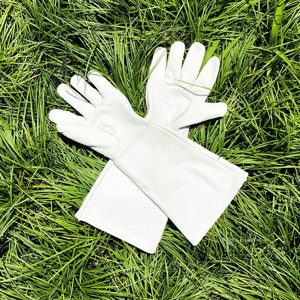 SUCCLACE Long-Gardening-Gloves for Women/Men - Thorn Proof Cowhide Leather Rose/Blackberry Pruning Heavy Duty Gloves Thick Palm Gauntlet Garden Work Gloves with Forearm Protection (Brown-Small) M White