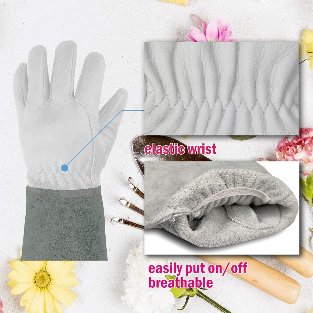 SUCCLACE Long-Gardening-Gloves for Women/Men - Thorn Proof Cowhide Leather Rose/Blackberry Pruning Heavy Duty Gloves Thick Palm Gauntlet Garden Work Gloves with Forearm Protection (Brown-Small) M White