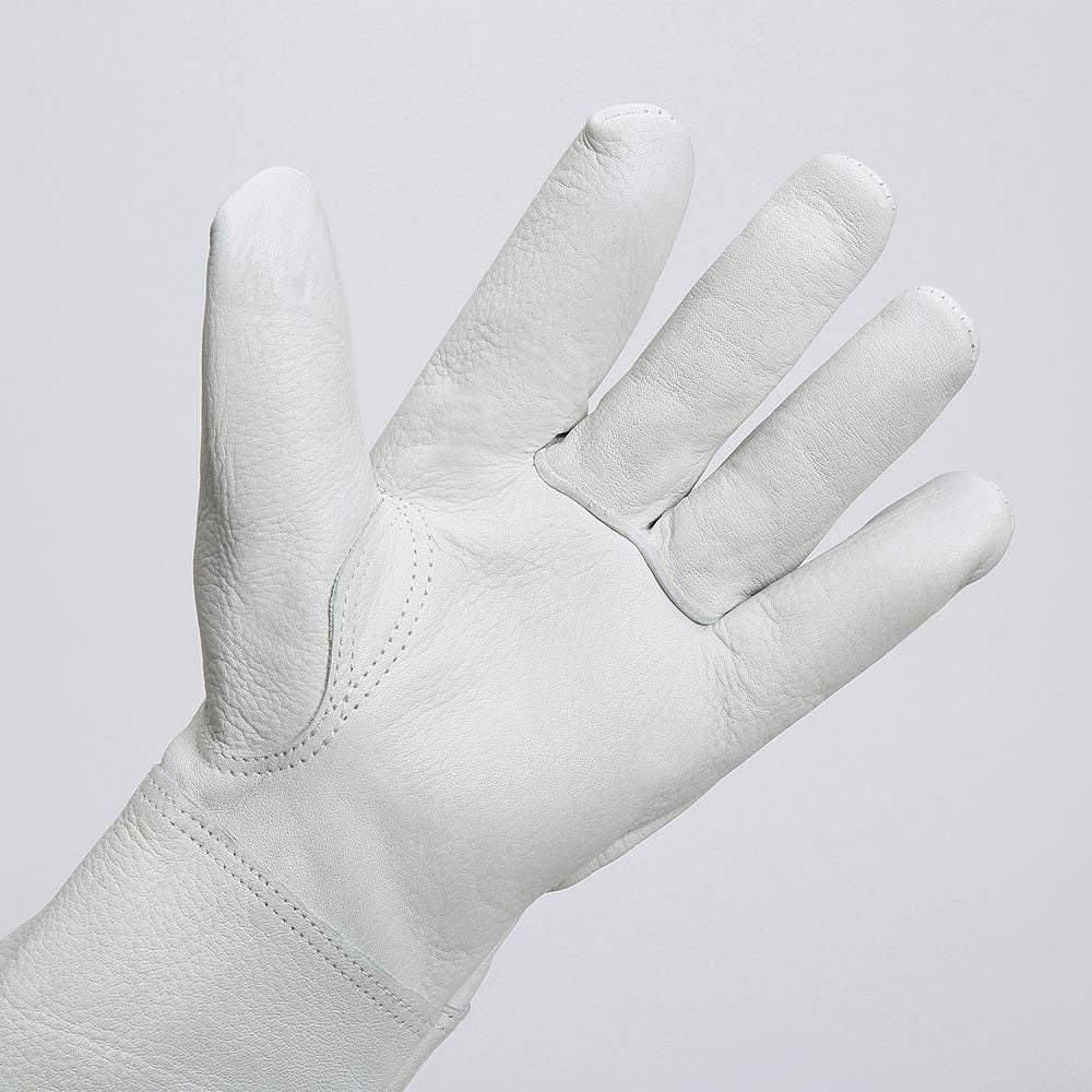 SUCCLACE Long-Gardening-Gloves for Women/Men - Thorn Proof Cowhide Leather Rose/Blackberry Pruning Heavy Duty Gloves Thick Palm Gauntlet Garden Work Gloves with Forearm Protection (Brown-Small) M White