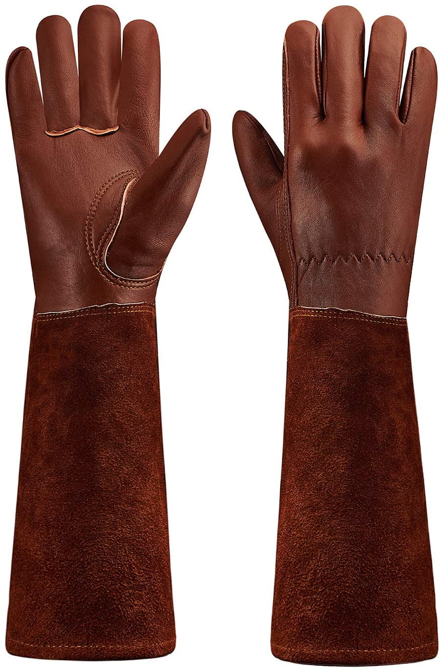 SUCCLACE Long-Gardening-Gloves for Women/Men - Thorn Proof Cowhide Leather Rose/Blackberry Pruning Heavy Duty Gloves Thick Palm Gauntlet Garden Work Gloves with Forearm Protection (Brown-Small) S Yellow