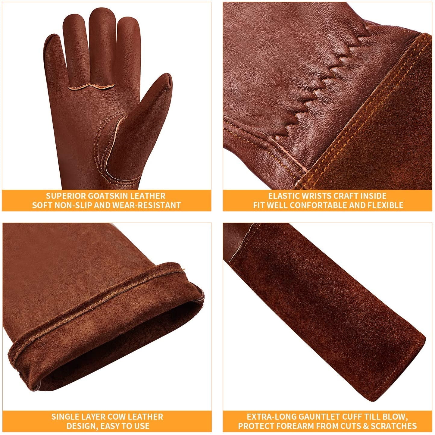 SUCCLACE Long-Gardening-Gloves for Women/Men - Thorn Proof Cowhide Leather Rose/Blackberry Pruning Heavy Duty Gloves Thick Palm Gauntlet Garden Work Gloves with Forearm Protection (Brown-Small) S Yellow