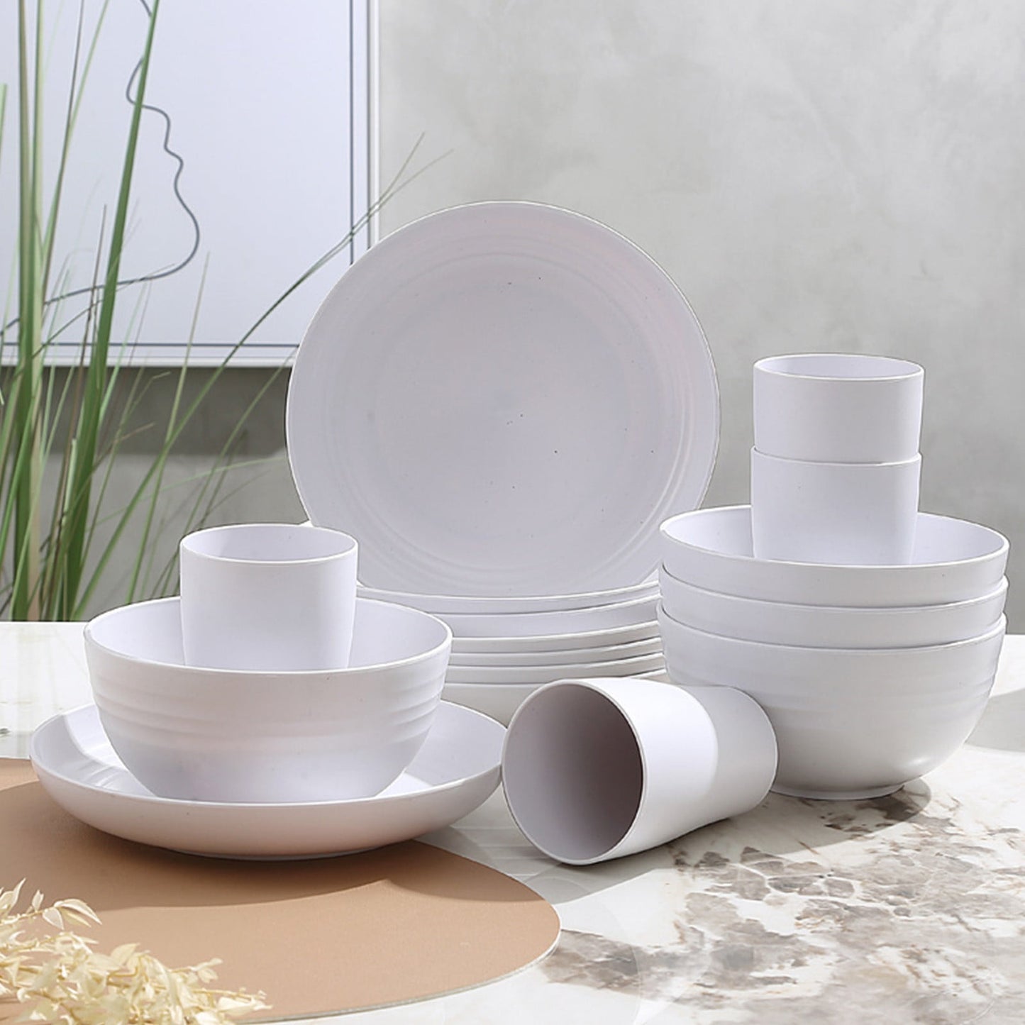 Darzheoy 16 Pieces Kitchen Dinnerware Set, Service for 8, Dinner Plates, Dessert Plate, Cereal Bowls, Cups, Colorful Plastic Outdoor Camping Dishes White
