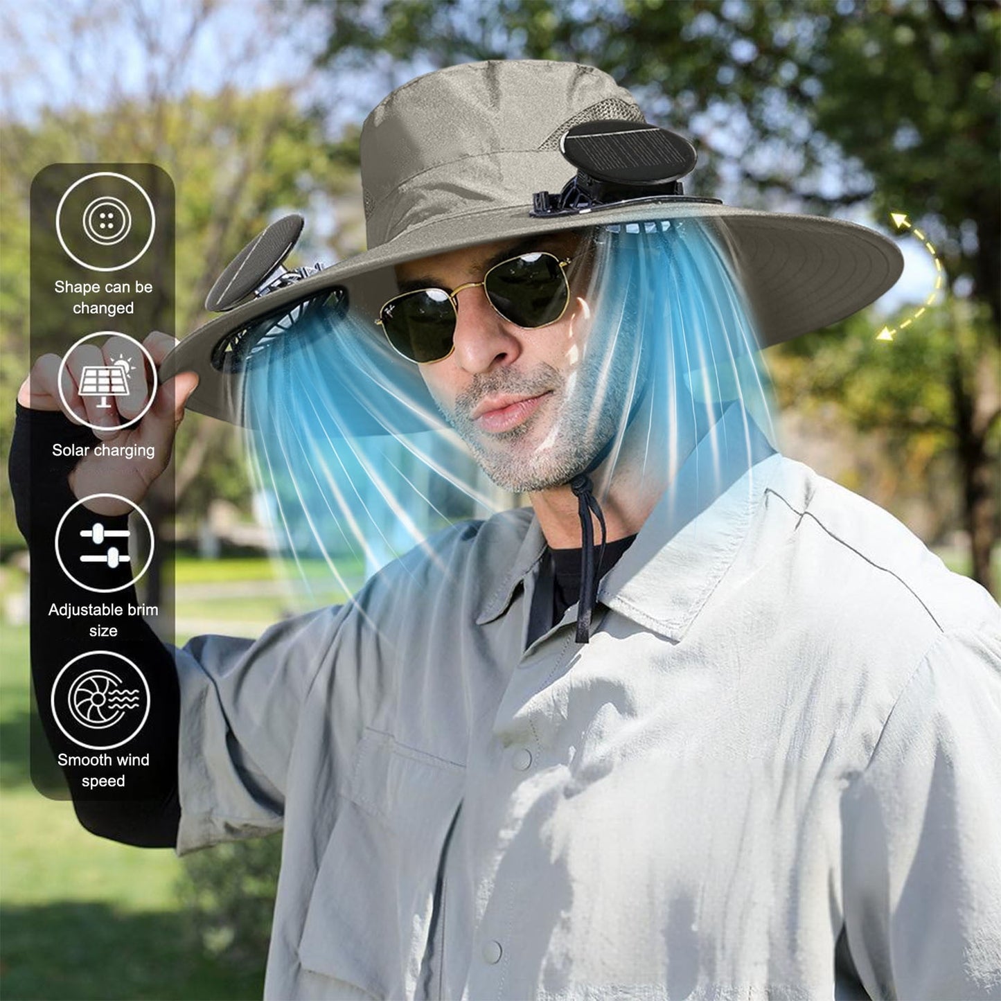 Darzheoy Solar Fan Hat Wide Brim Solar Fan Hat Outdoor Wide Brim Sun Hat with Solar Fan Fishing Hat, Removable & USB Charging Fan B-Gray