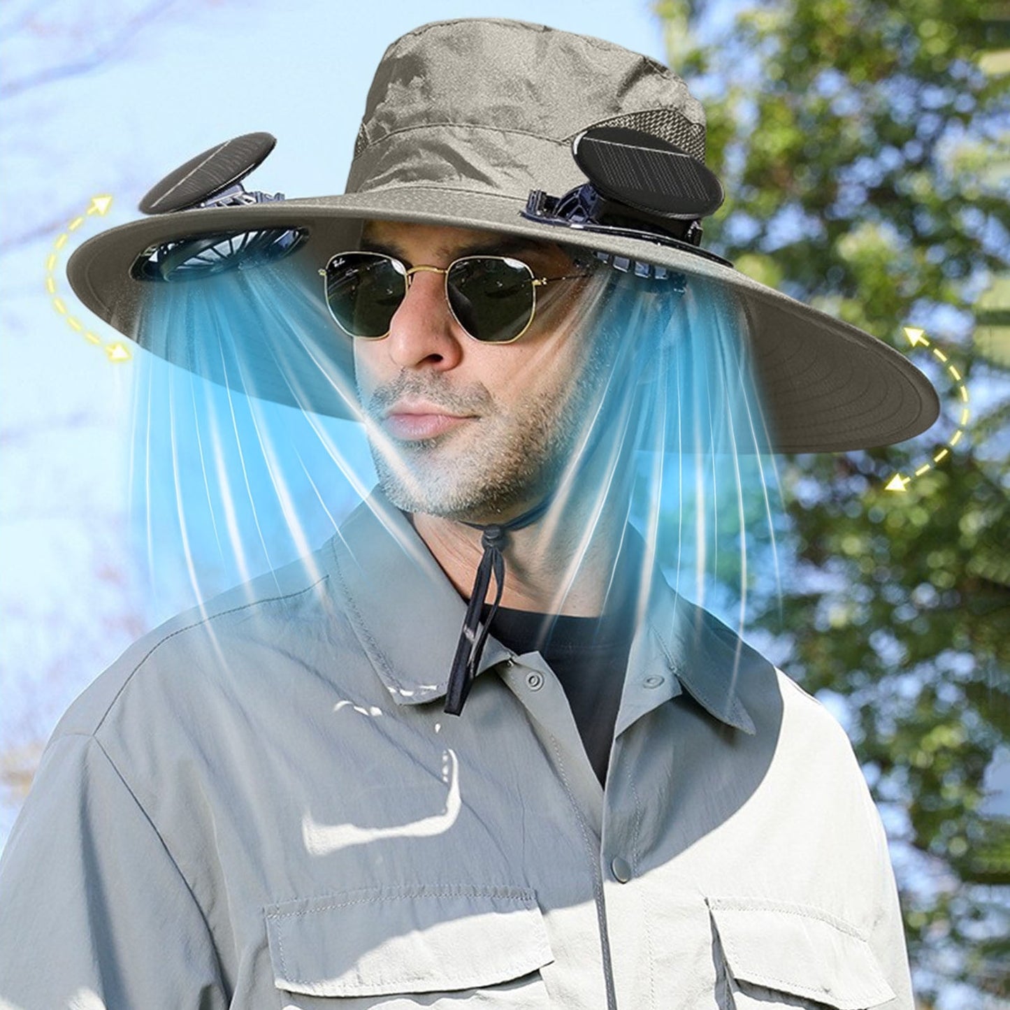 Darzheoy Solar Fan Hat Wide Brim Solar Fan Hat Outdoor Wide Brim Sun Hat with Solar Fan Fishing Hat, Removable & USB Charging Fan C-Gray