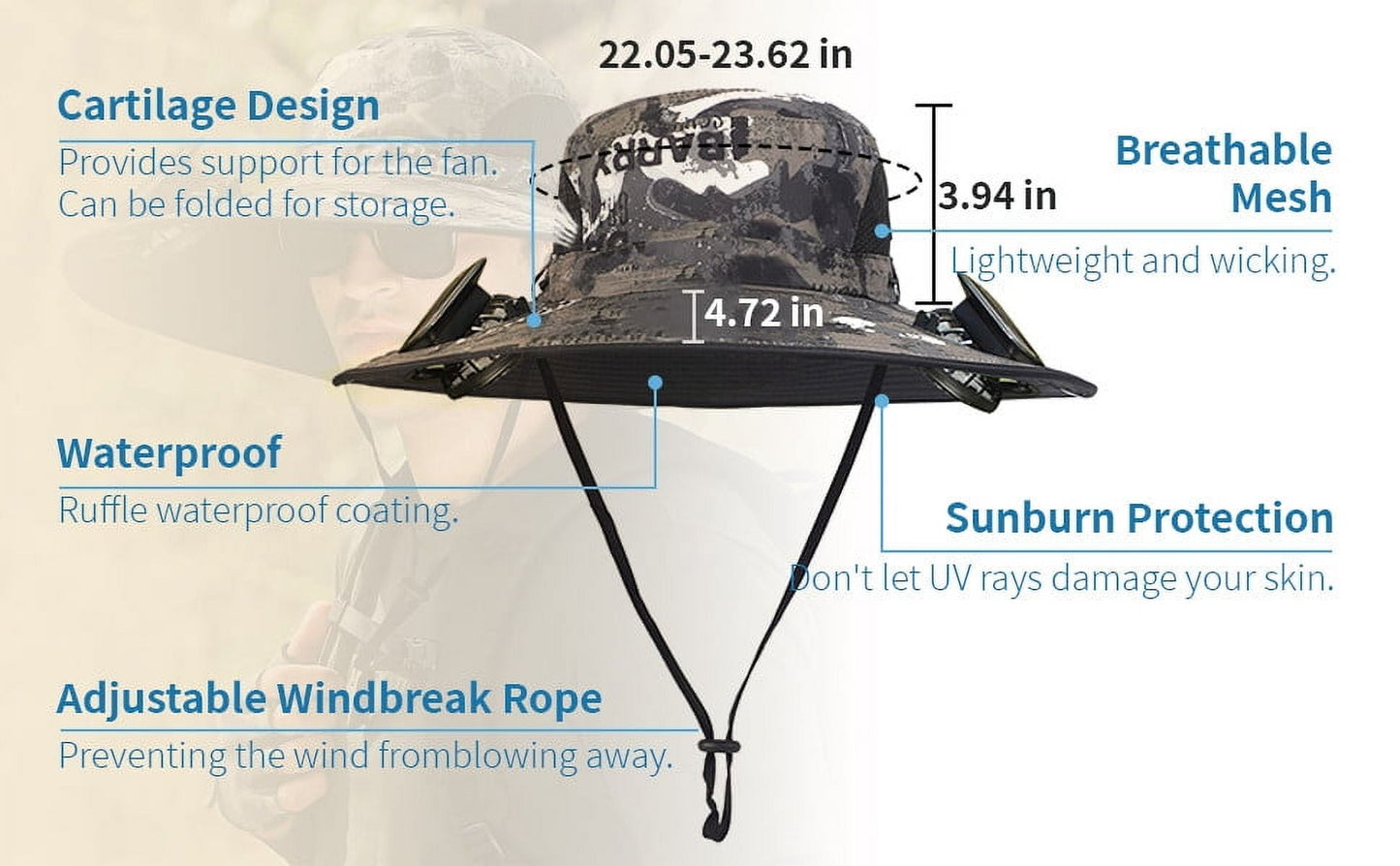 Darzheoy Solar Fan Hat Wide Brim Solar Fan Hat Outdoor Wide Brim Sun Hat with Solar Fan Fishing Hat, Removable & USB Charging Fan D-Black
