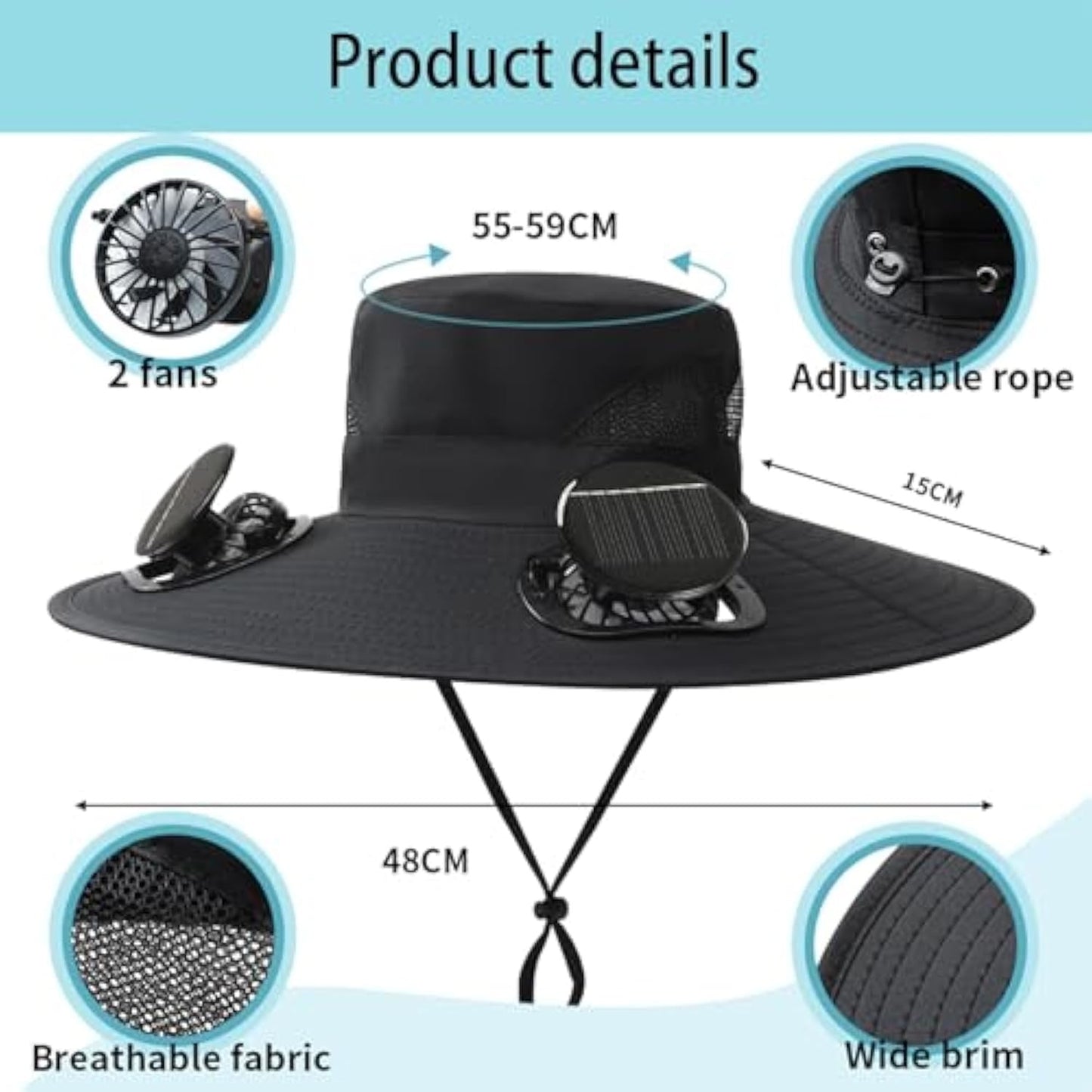 Darzheoy Solar Fan Hat Wide Brim Solar Fan Hat Outdoor Wide Brim Sun Hat with Solar Fan Fishing Hat, Removable & USB Charging Fan D-White
