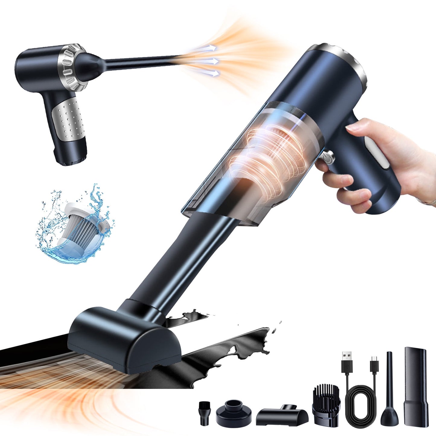Chmadoxn Cordless Vacuum Cleaner, Portable Handheld Car Vacuum Cleaner - 50W 9000Pa Strong Suction, 7.4V USB Rechargeable, Mini Folding Design with 6 Accessories, Black ABS Dust Buster for Car/Home