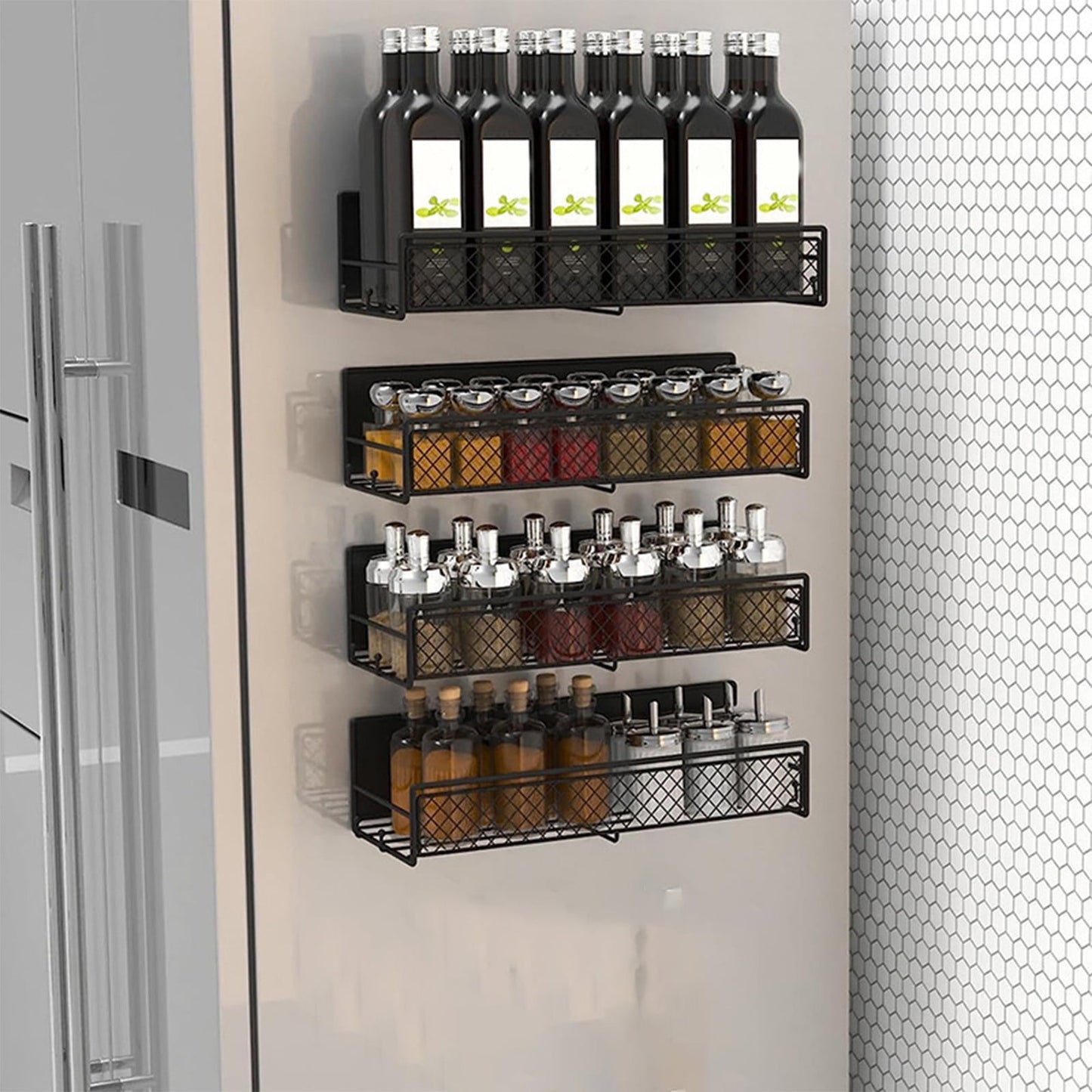 Darzheoy Magnetic Spice Rack Organizer Mesh Design for Refrigerator Oven, Black Storage Rack for Kitchen Spices Condiments, Easy Install Fridge Organizer Black