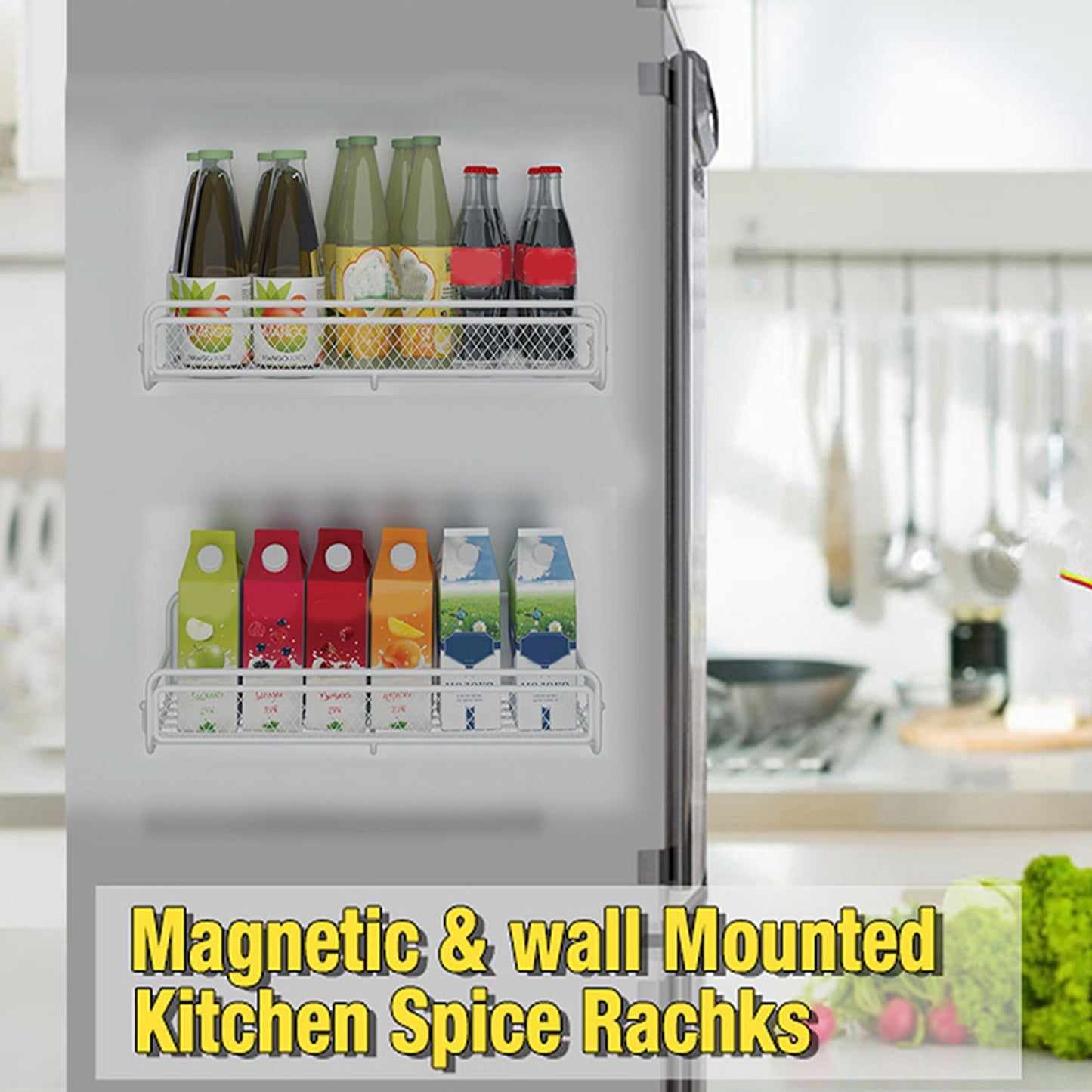 Darzheoy Magnetic Spice Rack Organizer Mesh Design for Refrigerator Oven, Black Storage Rack for Kitchen Spices Condiments, Easy Install Fridge Organizer White