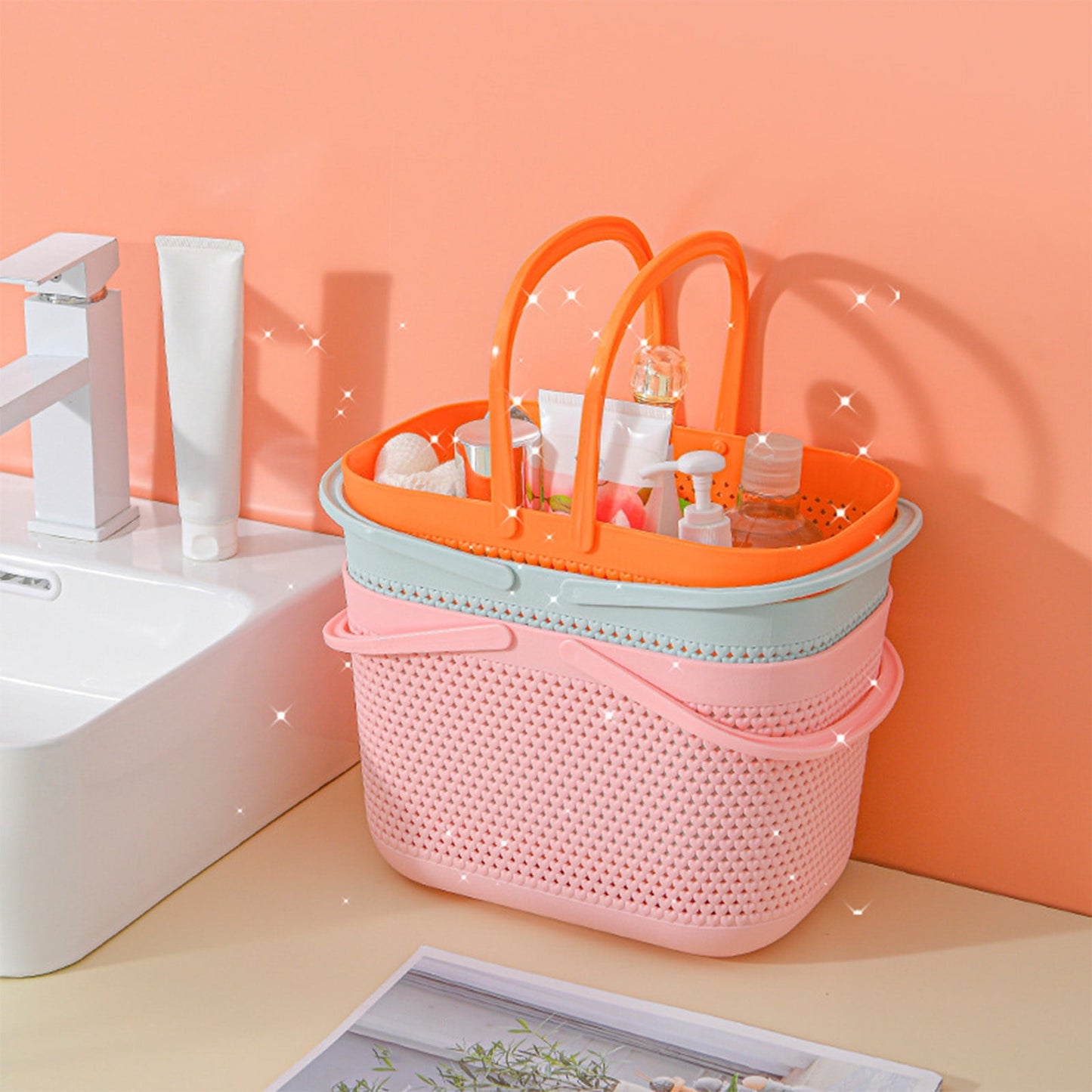 Chmadoxn Portable Shower Tote Plastic Storage Basket with Handle Box Organizer Bin for Bathroom, Pantry, Kitchen, College Dorm (11.22×7.09×7.09 inch) 11.22" x 7.09" x 7.09" Orange