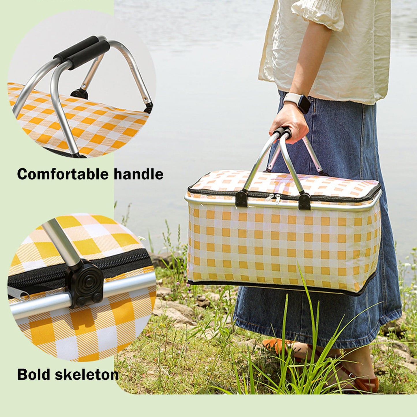 Kdkad Picnic Basket, Collapsible Shopping Basket with Lid Large Market Basket with Handles Reusable Folding Grocery Basket Insulated Cooler Bag for Picnic Travel 18.5×8.7×10.6 in Pink