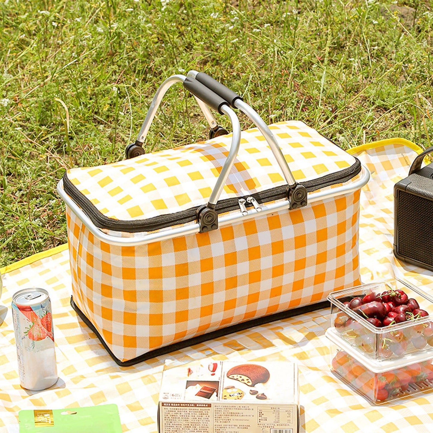 Kdkad Picnic Basket, Collapsible Shopping Basket with Lid Large Market Basket with Handles Reusable Folding Grocery Basket Insulated Cooler Bag for Picnic Travel 18.5×8.7×10.6 in Yellow