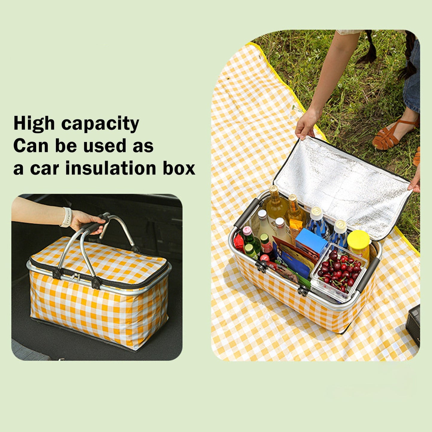 Kdkad Picnic Basket, Collapsible Shopping Basket with Lid Large Market Basket with Handles Reusable Folding Grocery Basket Insulated Cooler Bag for Picnic Travel 18.5×8.7×10.6 in Yellow