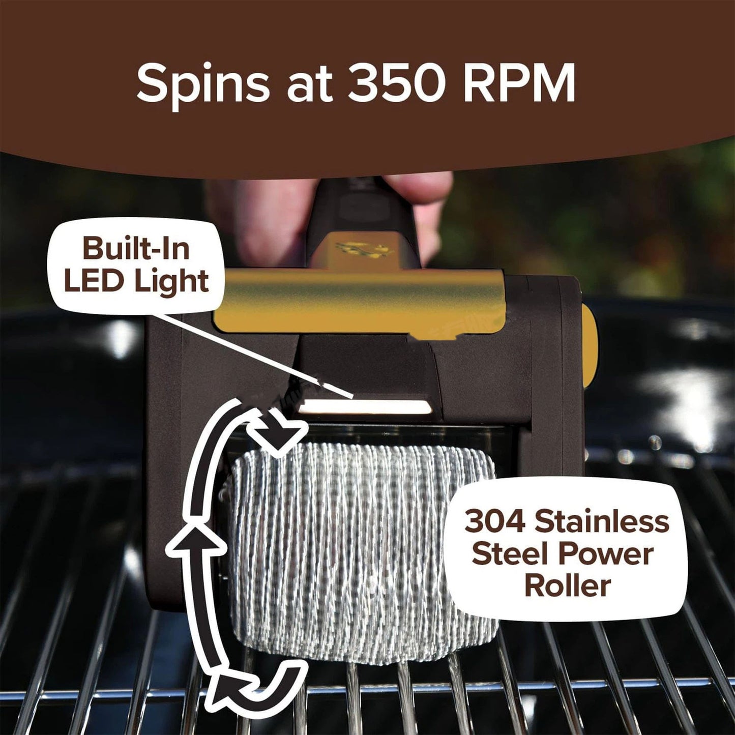 Electric Grill Cleaner Bristle Free – Cordless, Rechargeable BBQ Grill Brush with 350 RPM Stainless Roller, LED Light, Dishwasher-Safe for Gas/Charcoal Grills