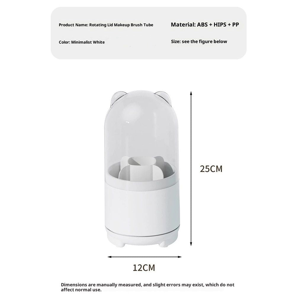 Cute Makeup Brush Holder Organizer with Lid, Rotating Dustproof Make Up Brushes Container with Clear Acrylic Cover for Vanity Desktop Bathroom Countertop