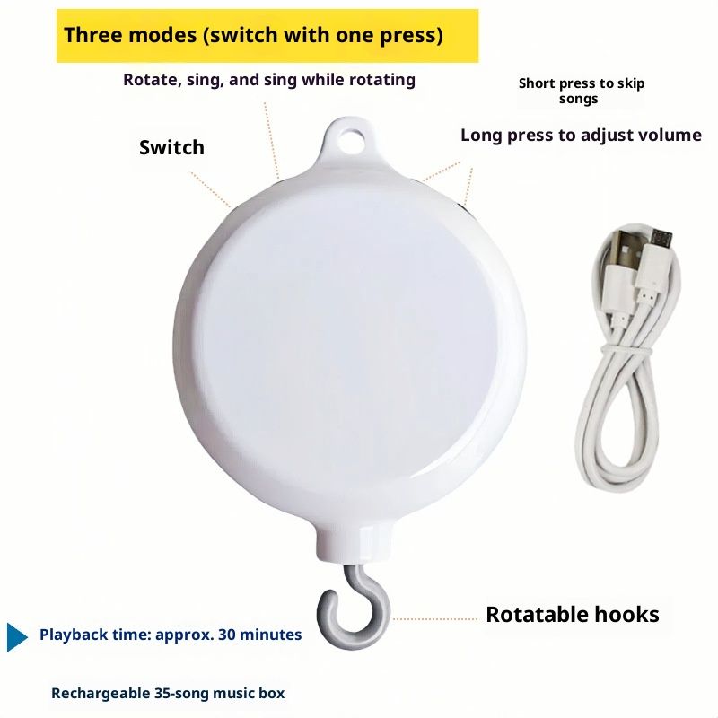 Baby Crib Mobile Motor, Rechargeable - Operated Music Box with Connectivity, Spinner Crib Mobile（white）