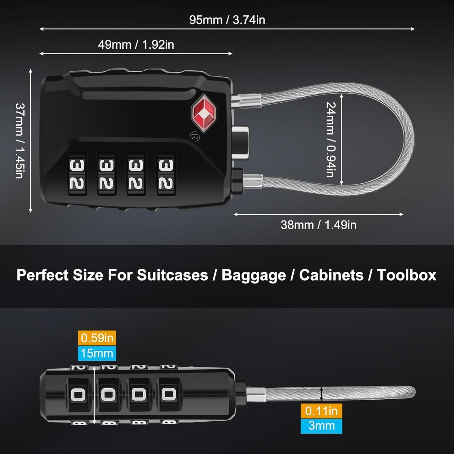 Luggage Locks, [Upgrade Version][4 Pack] TSA Approved Suitcase Lock 4-Digit Re-settable Combination Lock, Cable Backpack Locks, Code Lock for Travel Suitcase Luggage Bag Lockers (Black)