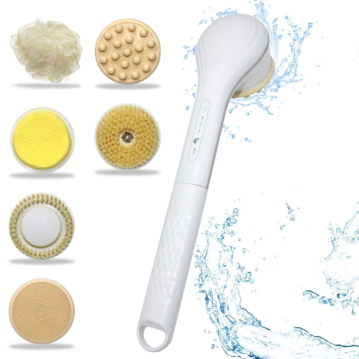 Generic Electric Body Brush Set for Showering,Exfoliating Bath Brush Long Handle for Shower Lotion Applicator for Back Silicone Body Scrubber with 6 Shower Brush Heads for Women Men Gifts (White)