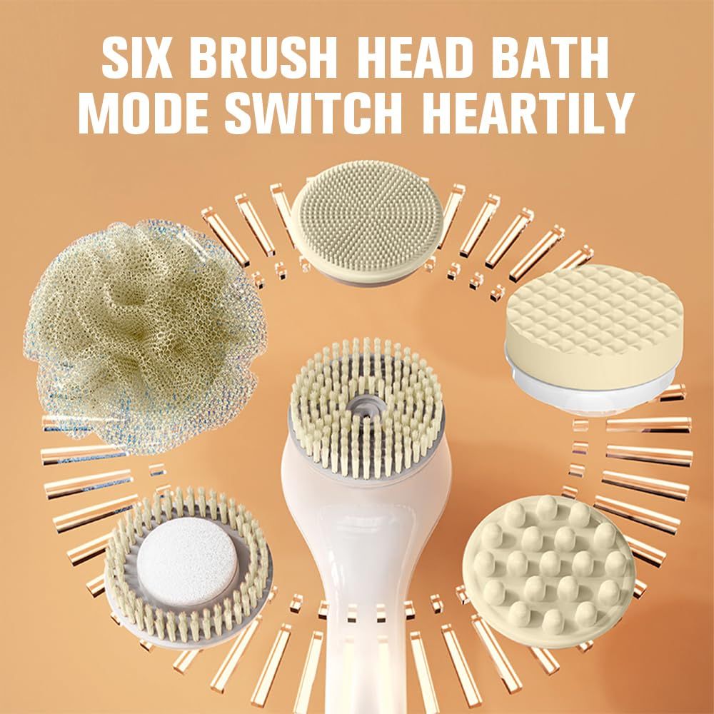 Generic Electric Body Brush Set for Showering,Exfoliating Bath Brush Long Handle for Shower Lotion Applicator for Back Silicone Body Scrubber with 6 Shower Brush Heads for Women Men Gifts (White)