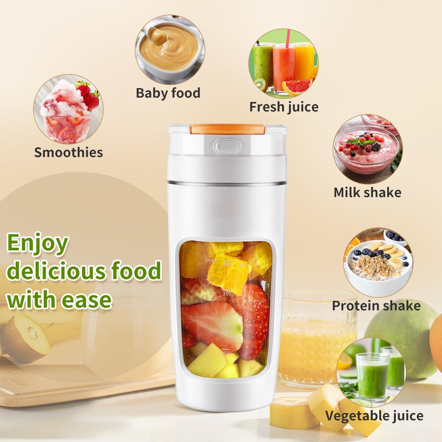 20 oz Portable Blender Cup - USB Rechargeable for Shakes, Smoothies & Juices, Personal Blender for Travel, Office, Gym (White)