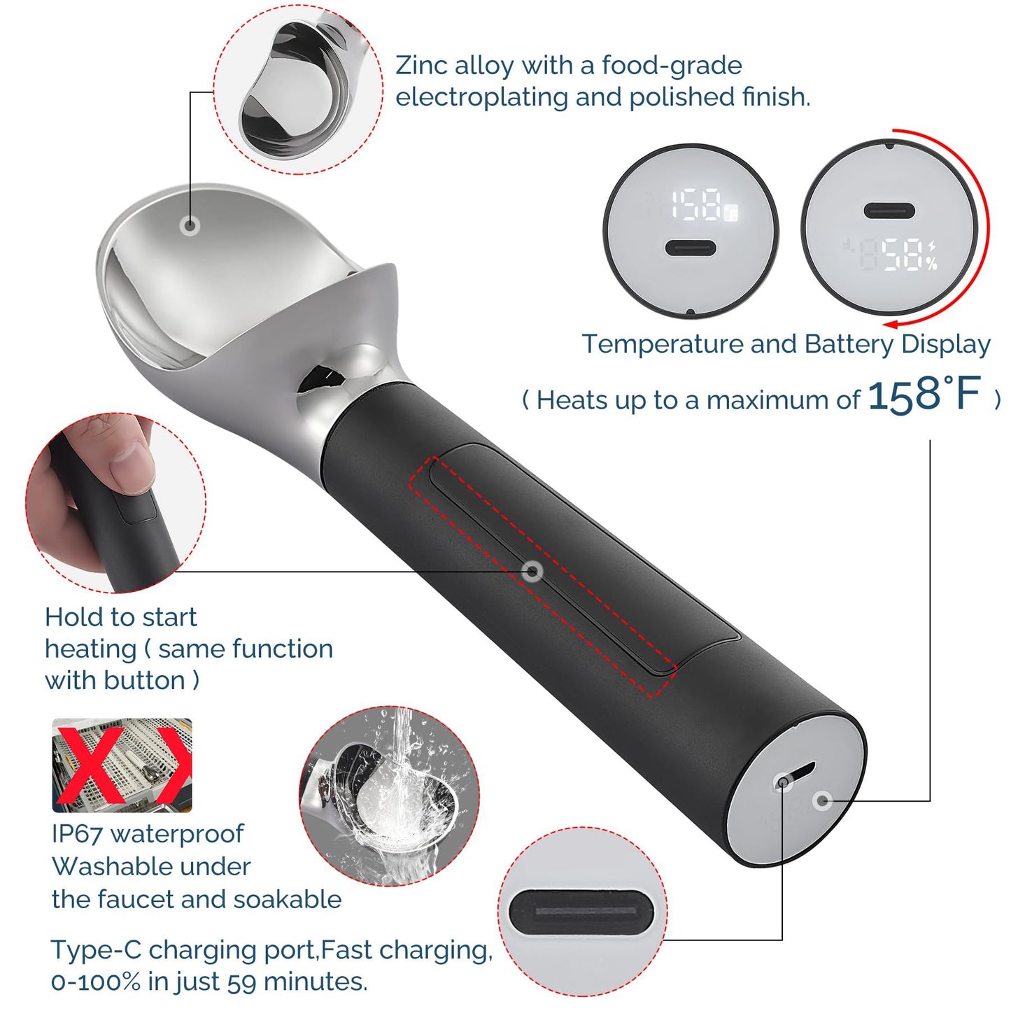 Heated Ice Cream Scoop Rechargeable, Electric Warming Ice Cream Scooper with LED Display Three speed temperature control, Heats to 160°F for Hard Ice Cream, Easy for Seniors & Kids,(Black,)