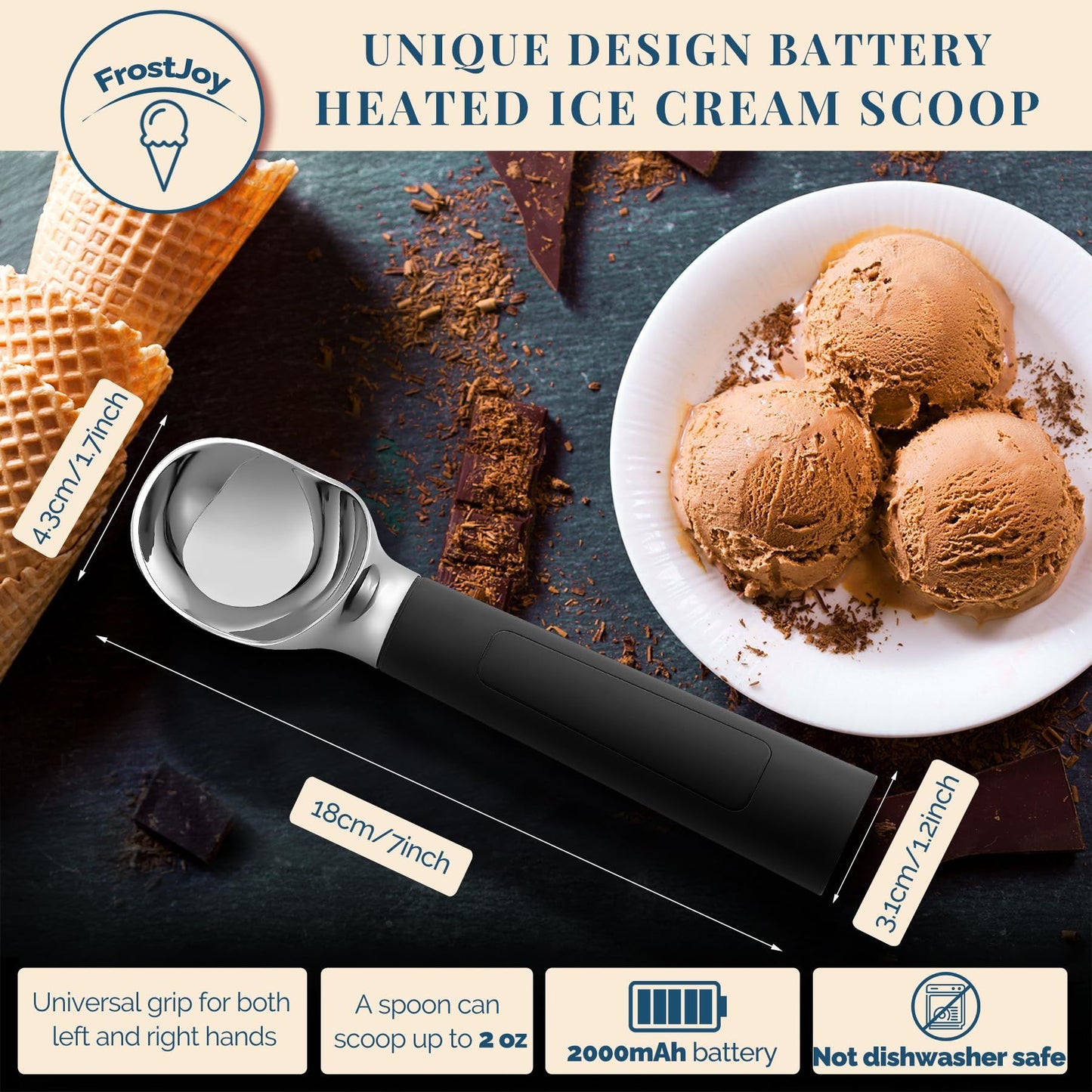 Heated Ice Cream Scoop Rechargeable, Electric Warming Ice Cream Scooper with LED Display Three speed temperature control, Heats to 160°F for Hard Ice Cream, Easy for Seniors & Kids,(Black,)