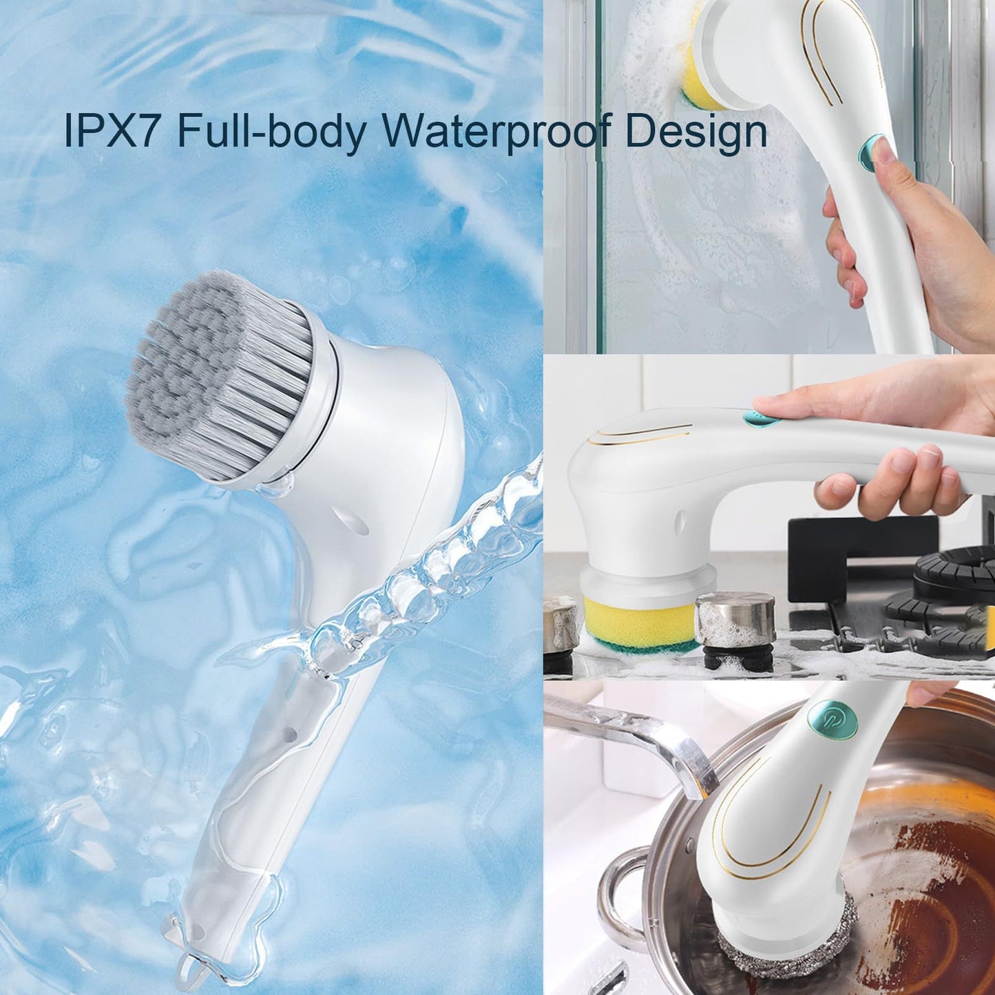 Electric Spin Scrubber, Handheld Cordless Rechargeable Electric Cleaning Brush with 5 Replaceable Heads,Power Cleaning Brush for Kitchen, Dish, Floor, Bathroom, Glass24.5*4.5*8.5cm,white