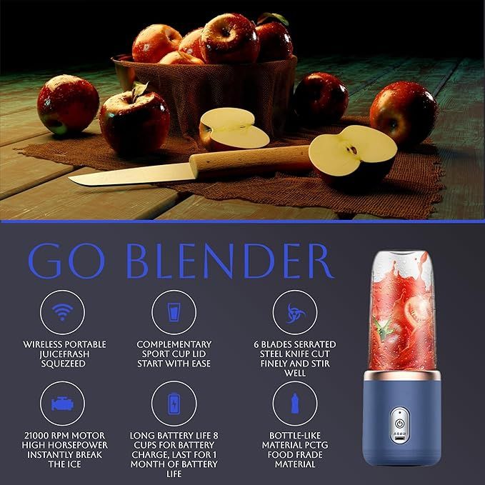 Portable Blender 14oz for Juices & Smoothies with 6 blades Puwerful performances Fusion Blender | USB Rechargeable, Lid, Cup included | Fit for travel and outdoor activities