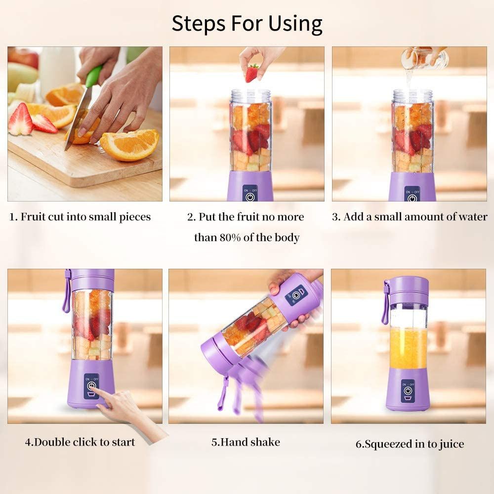 Portable 6 Blades in 3D Juicer Cup,Version Rechargeable Juice Blender Magnetic Secure Switch Electric Fruit Mixer for Superb Mixing 380ml