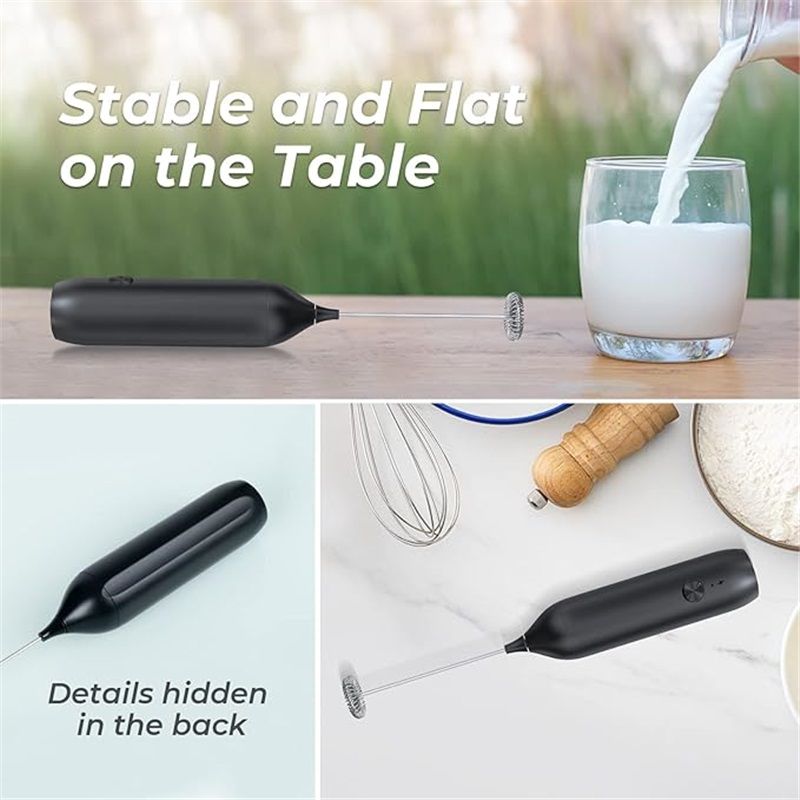 Rechargeable Milk Frother Handheld, Coffee Frother Wand Drink Mixer with Stainless Steel Whisk for Coffee, Cappuccino, Lattes, Frappe, Matcha and Hot Chocolate, Black