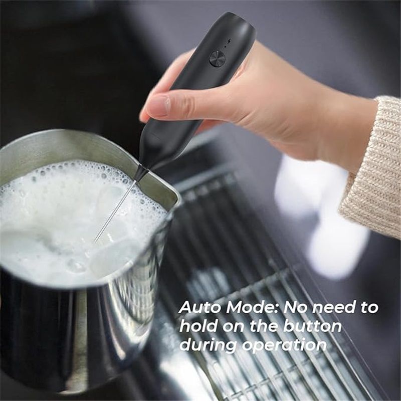Rechargeable Milk Frother Handheld, Coffee Frother Wand Drink Mixer with Stainless Steel Whisk for Coffee, Cappuccino, Lattes, Frappe, Matcha and Hot Chocolate, Black