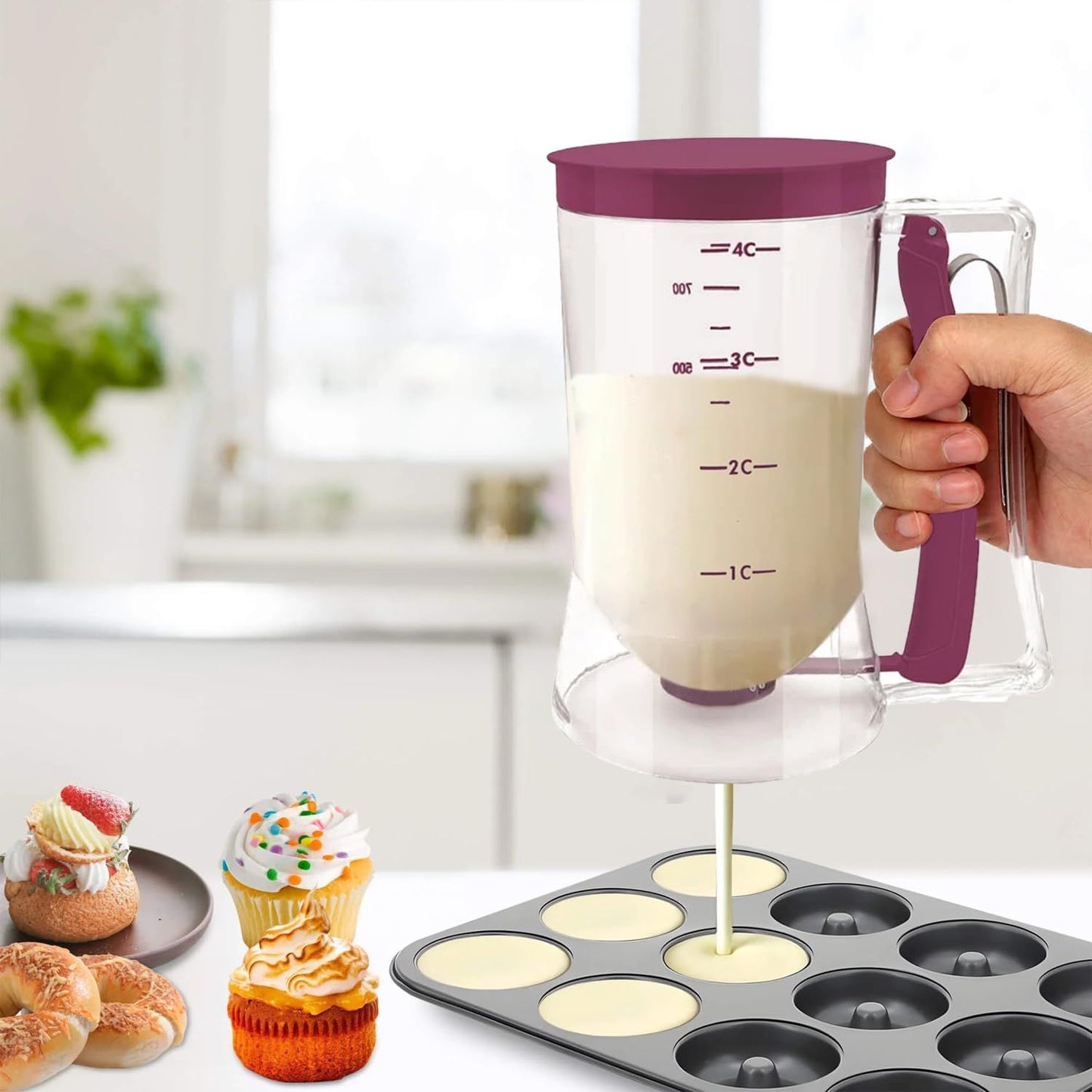 Pancake Cupcake Batter Dispenser for Waffles, Muffin Mix, Crepes, Cake Purple Pancakes, Cupcake,  900ml