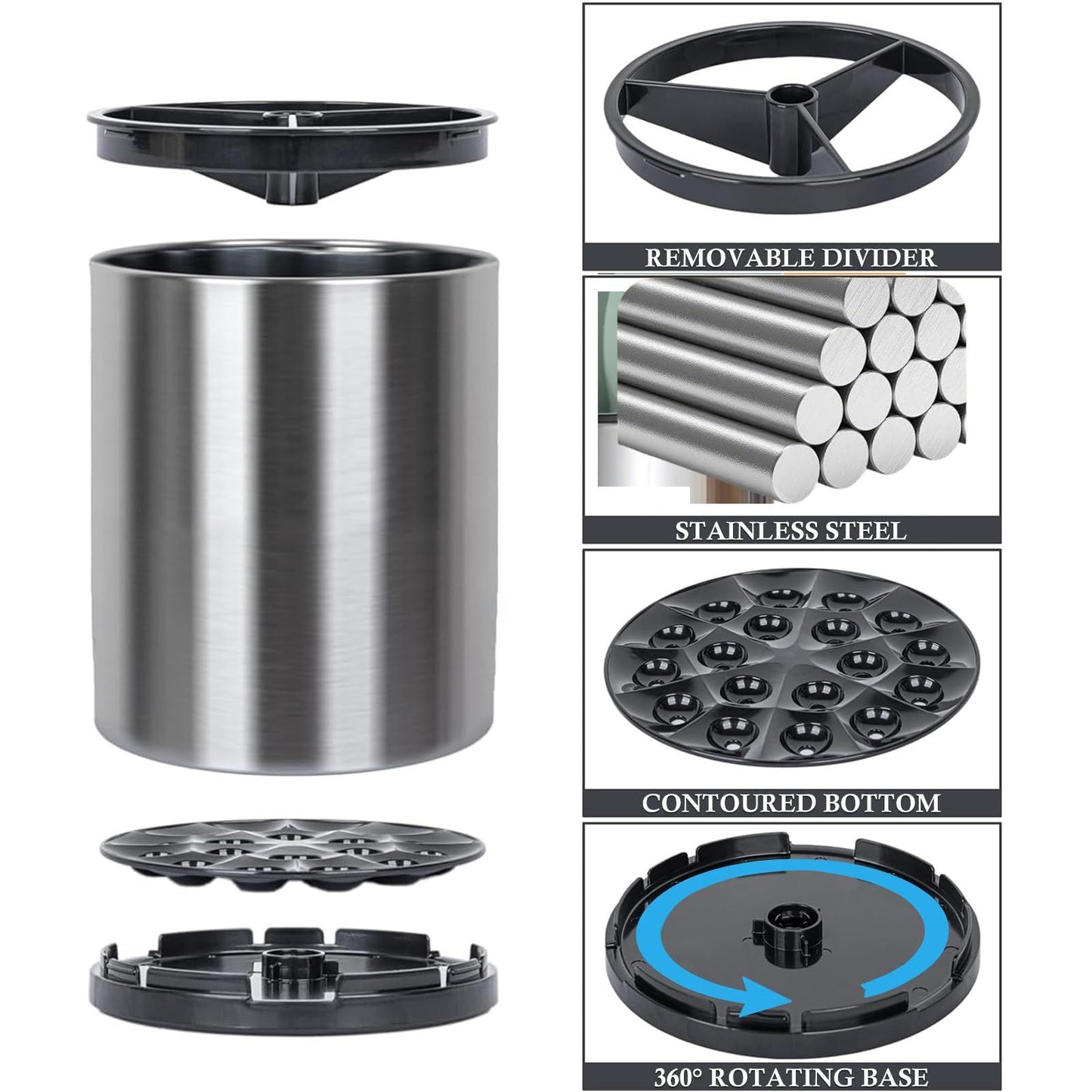 Kitchen Utensil Holder Extra Large 360°Rotating For Counter Organizer Stainless Steel Storage Cooking Silverware Caddy 3 Compartment Flatware Spoon Spatula Tool Cutlery Container（Silvery）18*8.6*13cm