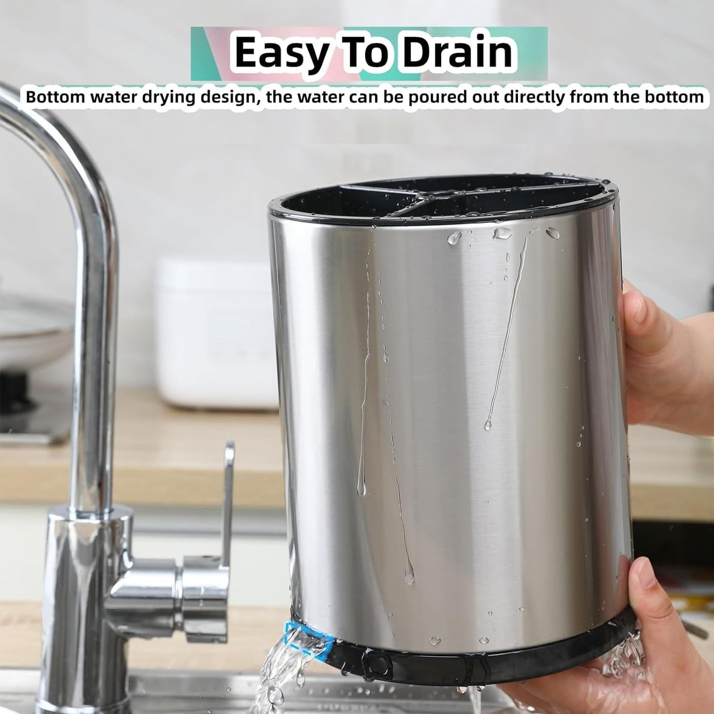 Kitchen Utensil Holder Extra Large 360°Rotating For Counter Organizer Stainless Steel Storage Cooking Silverware Caddy 3 Compartment Flatware Spoon Spatula Tool Cutlery Container（Silvery）18*8.6*13cm