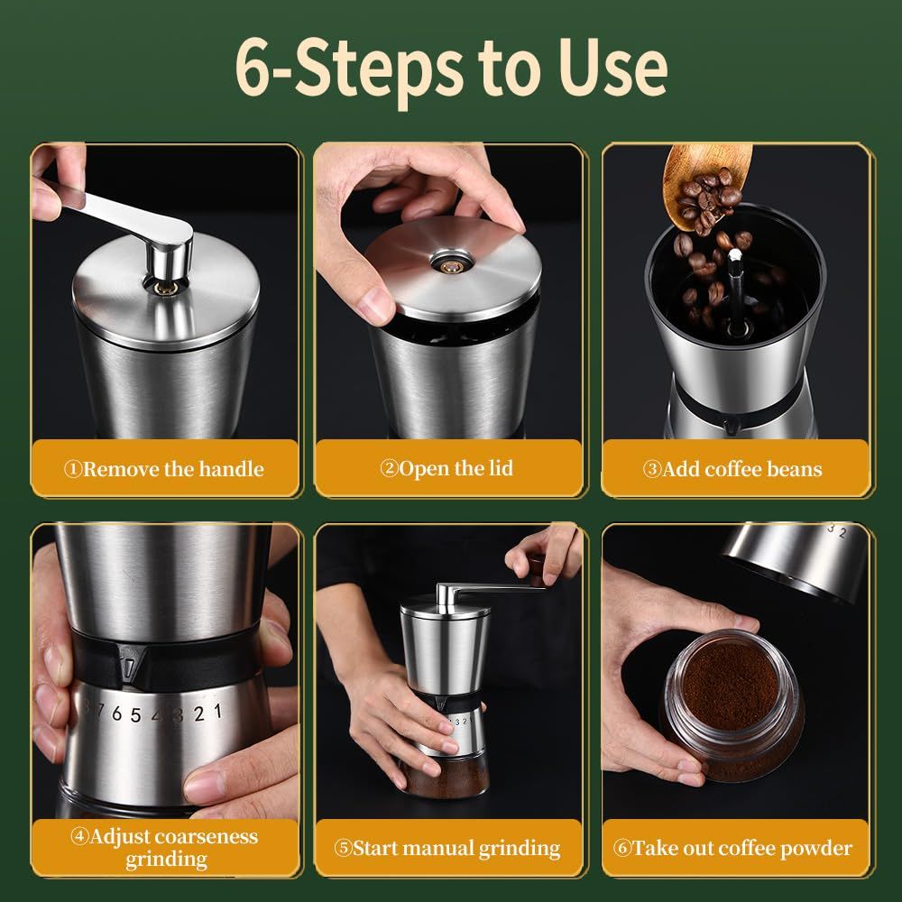Precision Manual Coffee Grinder Large Capacity for Home Use, 8 Adjustable Coarseness Setting, Ceramic Burr Hand Held Stainless Steel Espresso Bean Mill for Travel Camping, Easy to Clean15*8.5*21.5cm
