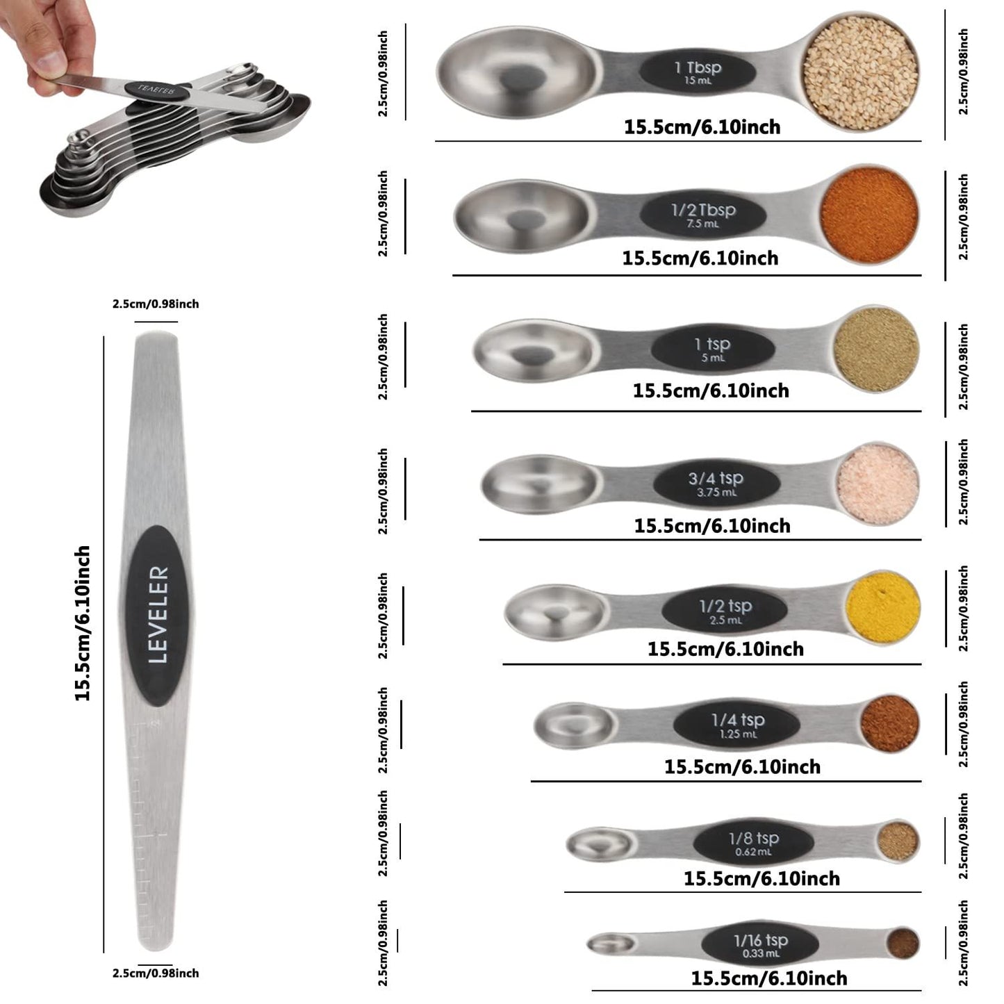 Measuring Spoon Set of 8 Magnetic Measuring Spoons Dual Sided Stainless Steel Measuring Spoons Stackable Nesting Tablespoon Teaspoon, Fits in Spice Jars, for Dry or Liquid Ingredients，black
