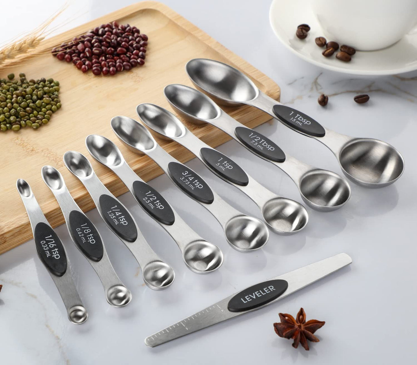 Measuring Spoon Set of 8 Magnetic Measuring Spoons Dual Sided Stainless Steel Measuring Spoons Stackable Nesting Tablespoon Teaspoon, Fits in Spice Jars, for Dry or Liquid Ingredients，black