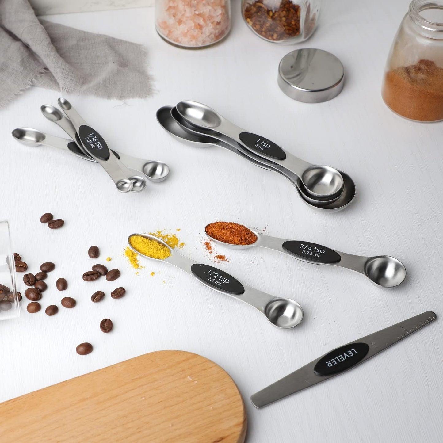 Measuring Spoon Set of 8 Magnetic Measuring Spoons Dual Sided Stainless Steel Measuring Spoons Stackable Nesting Tablespoon Teaspoon, Fits in Spice Jars, for Dry or Liquid Ingredients，black
