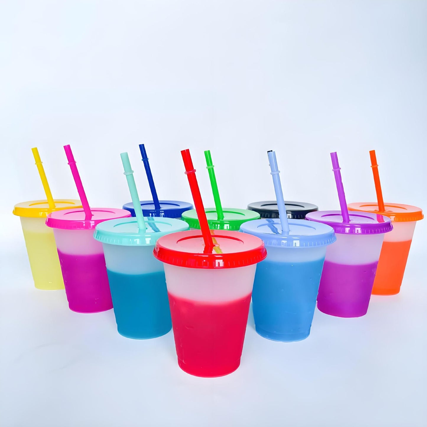 Color Changing Cups, 10 Pack 16oz Plastic Tumblers, Reusable Iced Coffee & Smoothie Cups with Lids and Straws for Parties and Travel