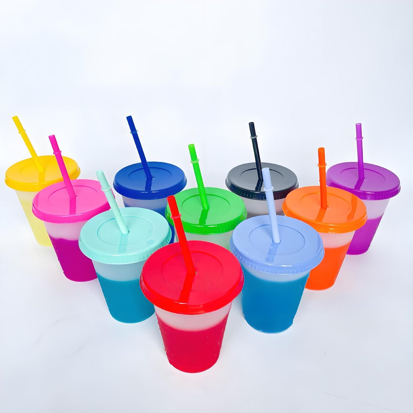Color Changing Cups, 10 Pack 16oz Plastic Tumblers, Reusable Iced Coffee & Smoothie Cups with Lids and Straws for Parties and Travel